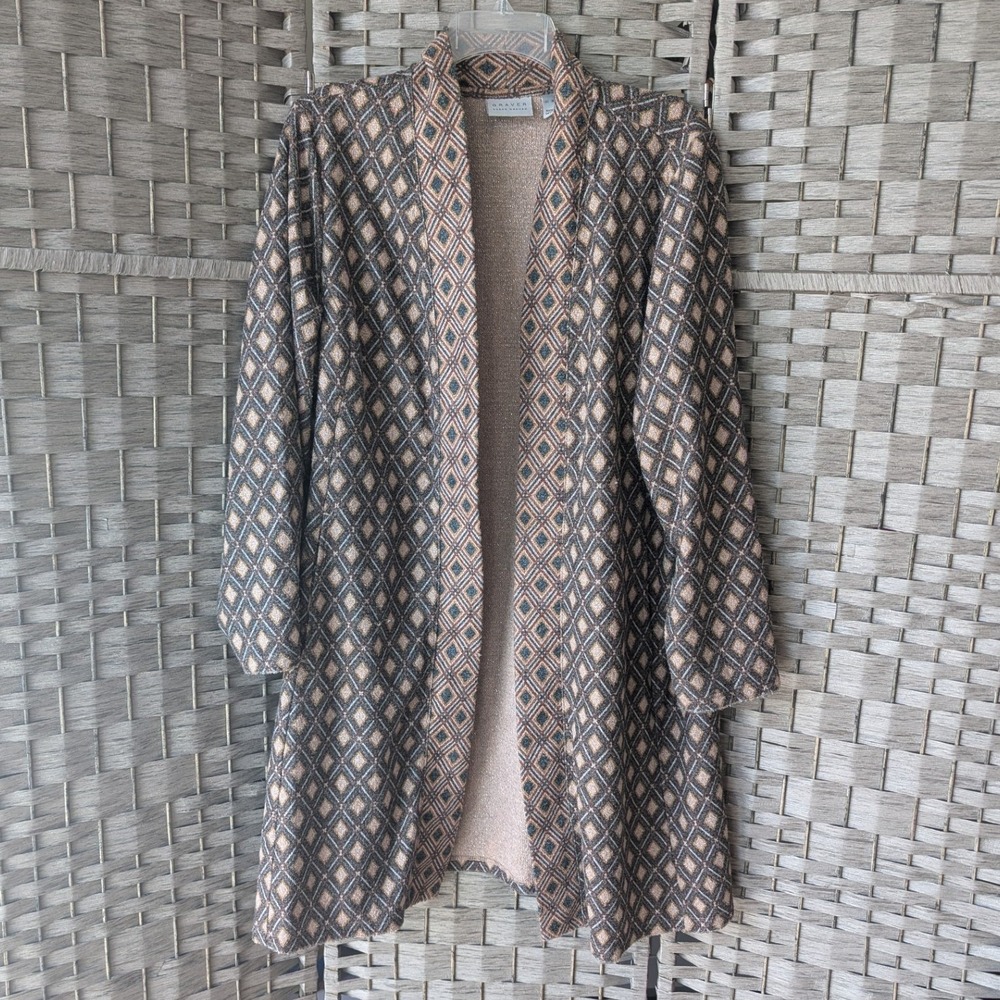 Susan Graver Cardigan Brown‎ Geometric Metallic Longline Open Front XLP Shimmer